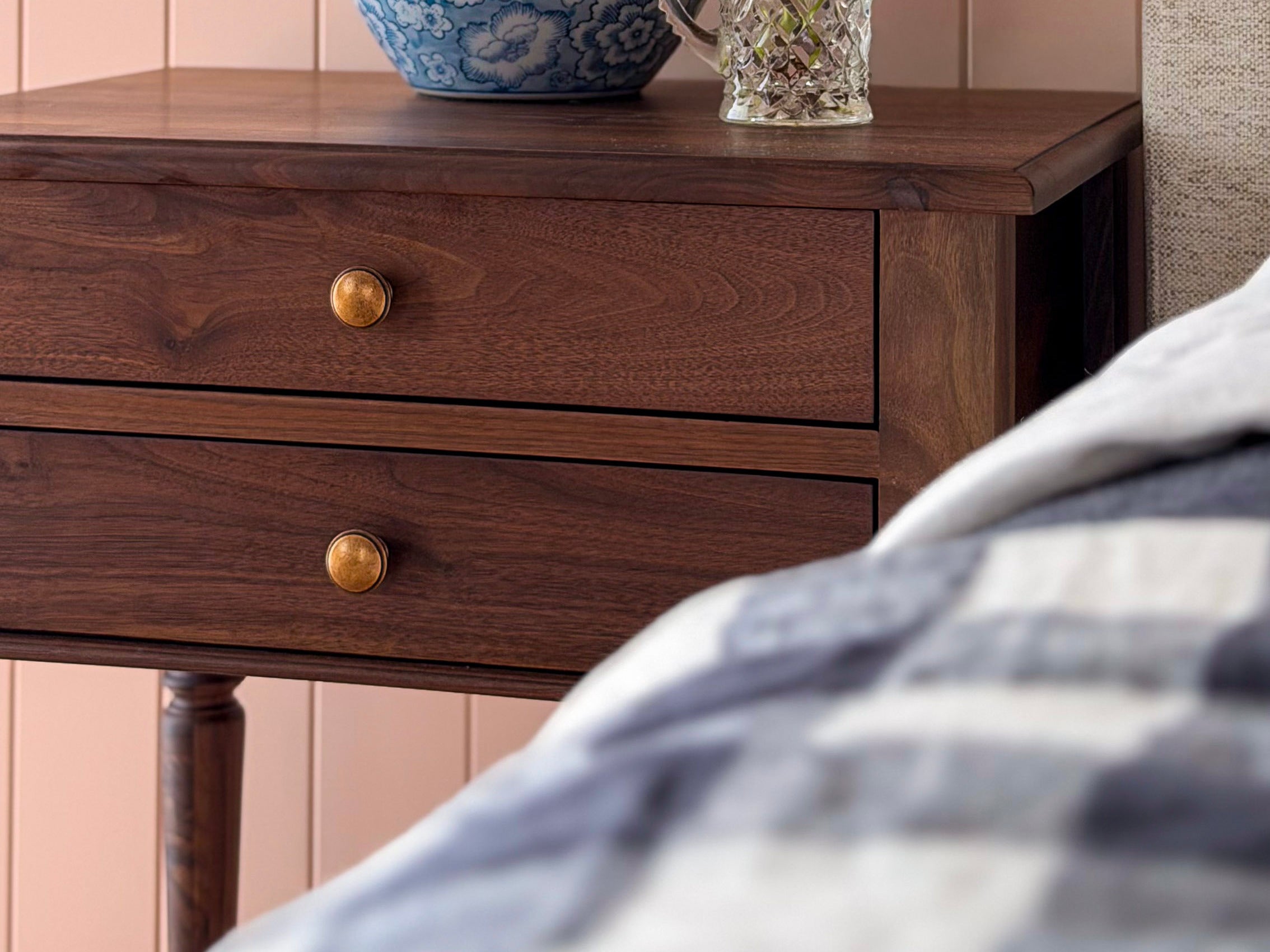 Walnut Chloe Bedside next to linen gingham doona cover 